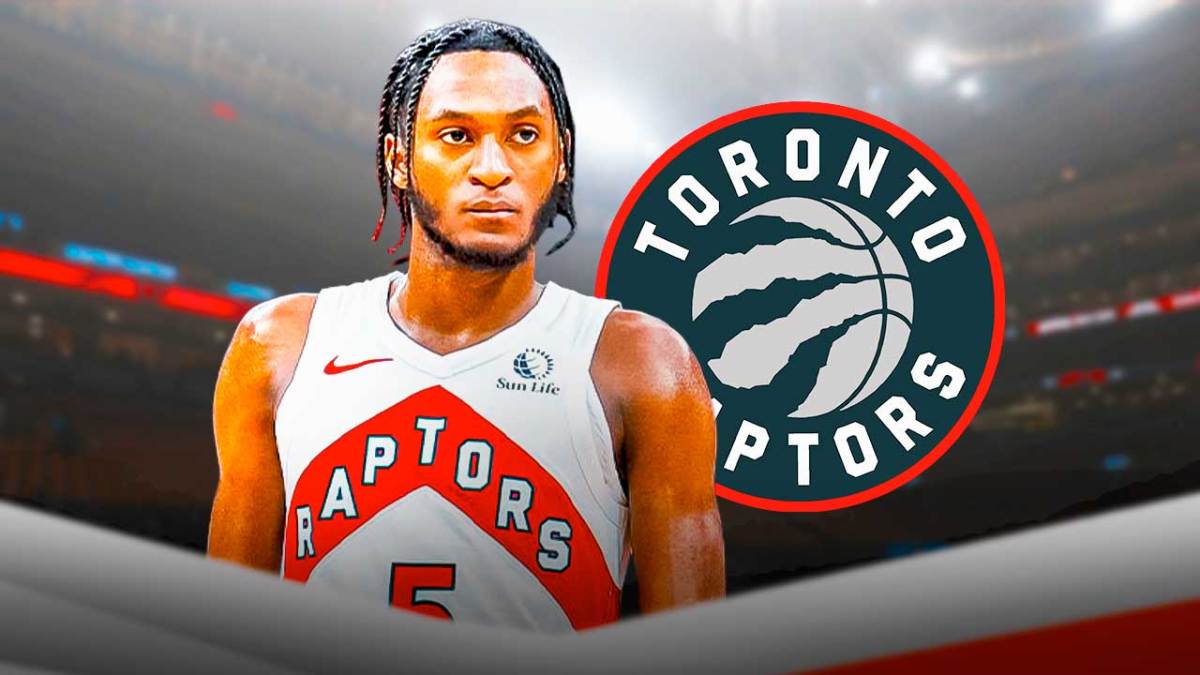 Toronto Raptors player Immanuel Quickley with the Toronto Raptors arena in the background, NBA free agency offseason signing