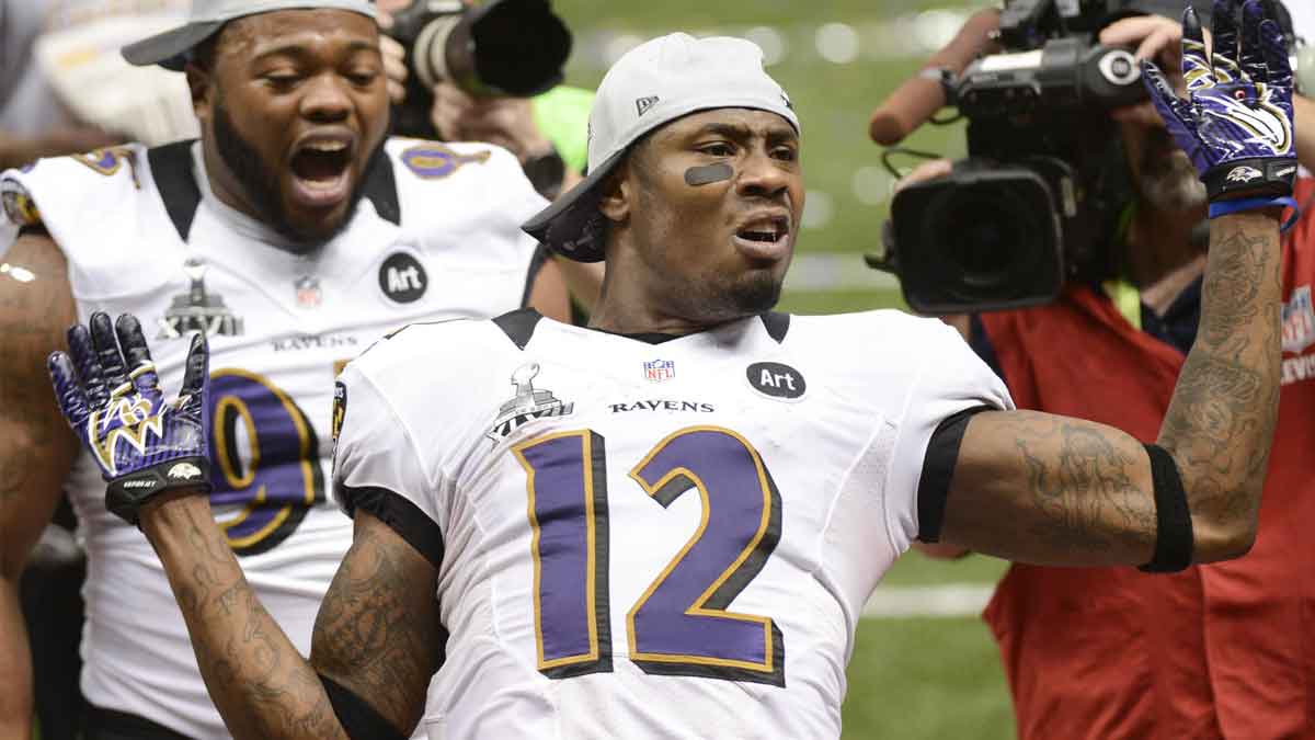 Baltimore Ravens wide receiver Jacoby Jones (12) celebrates the Ravens victory in Super Bowl XLVII at the Mercedes-Benz Superdome.