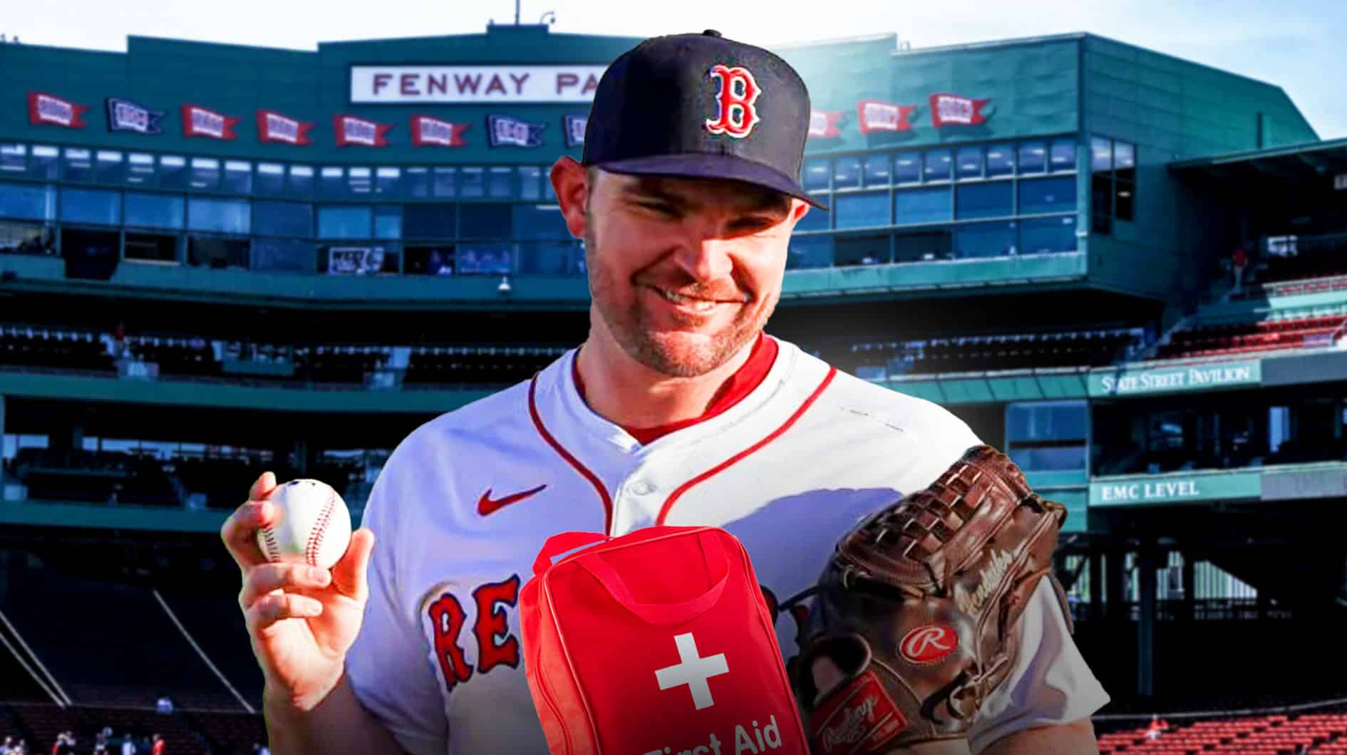 Liam Hendriks pitching in a Boston Red Sox uniform with a red and white first aid image as Hendriks is working his way back to the red sox from injury. The Red Sox injuries are getting better with Hendriks nearing a return.