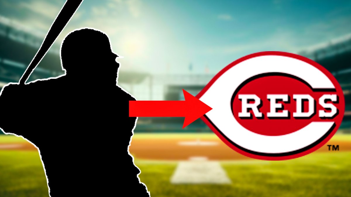 Silhouette of Dominic Smith with arrow pointing to Reds logo