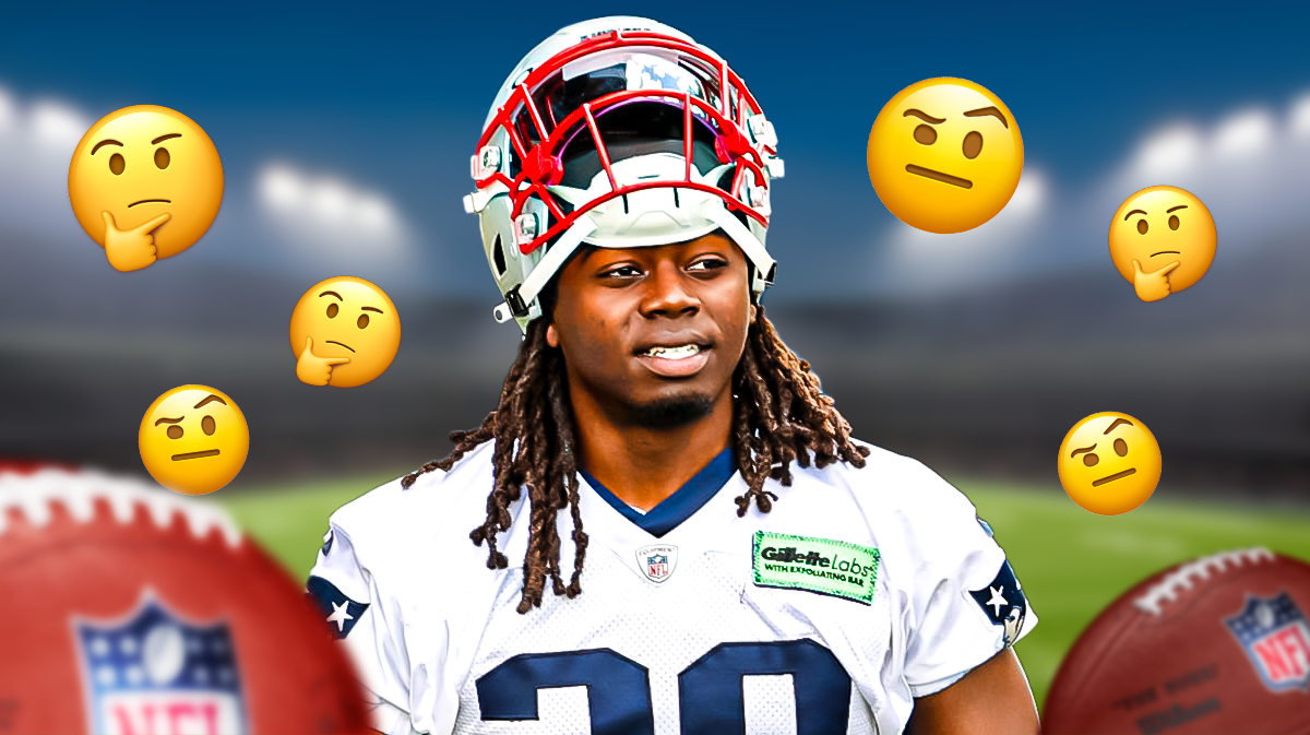 Patriots RB Rhamondre Stevenson with confused and hmm emojis around him