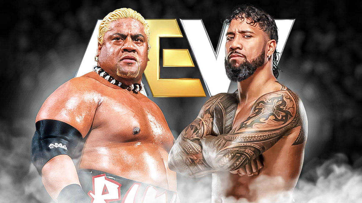 Rikishi next to Jey Uso with the AEW logo as the background.