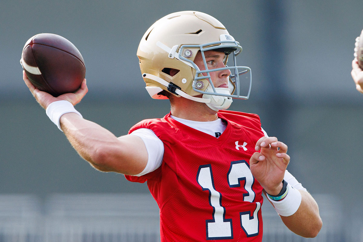 Notre Dame quarterback Riley Leonard throws the ball during a Notre Dame football practice at Irish Athletic Center