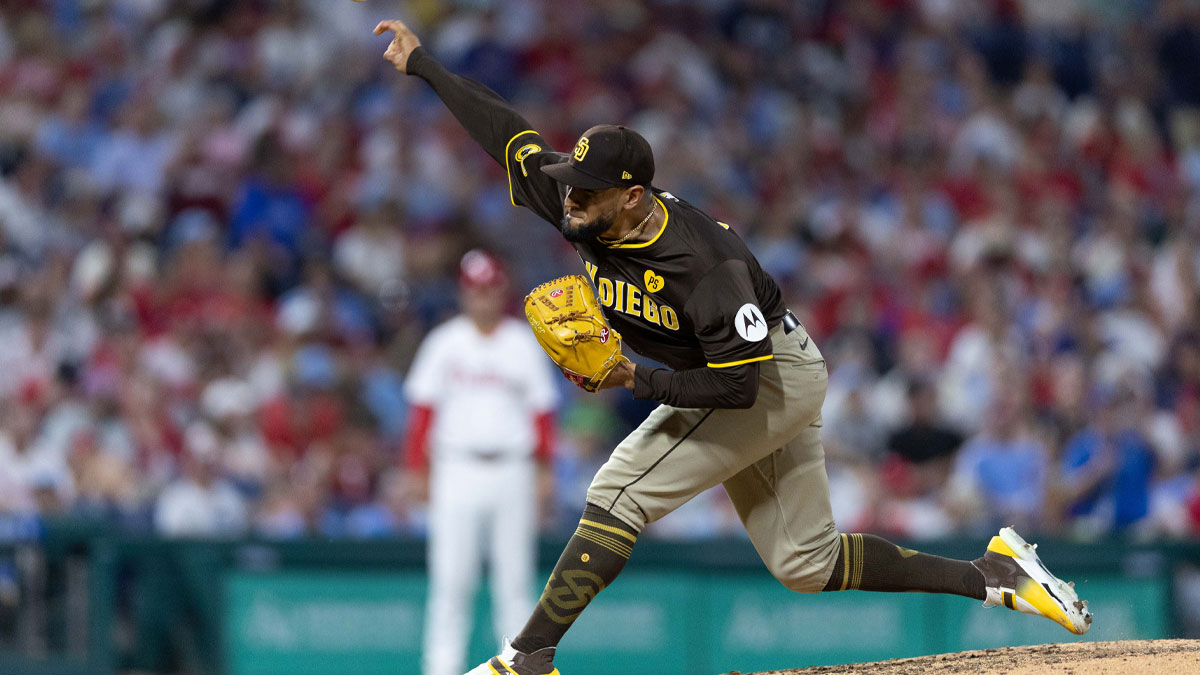 Jun 18, 2024; Philadelphia, Pennsylvania, USA; San Diego Padres pitcher Robert Suarez (75) throws a pitch against the Philadelphia Phillies during the eighth inning at Citizens Bank Park. 