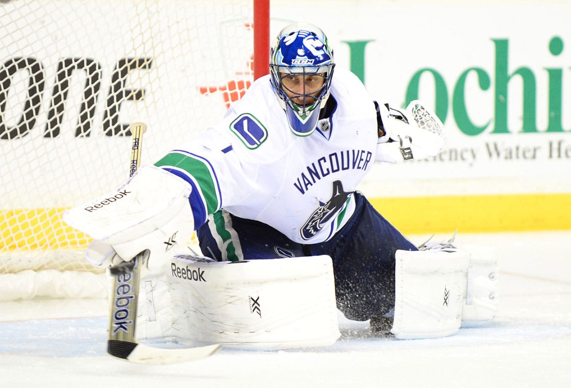 Vancouver Canucks goalie Roberto Luongo (1) makes a save against the Nashville Predators during the third period at Bridgestone Arena. The Canucks beat the Predators 3-1.