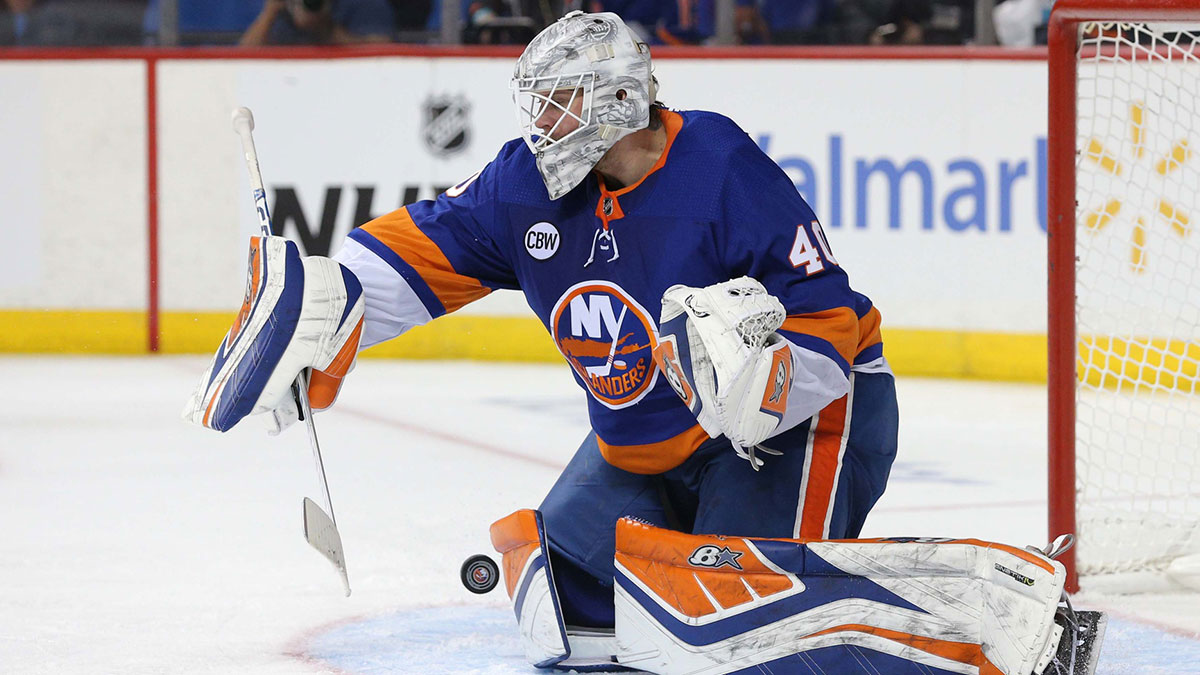 New York Islanders goalie Robin Lehner (40) saves a shot against the Carolina Hurricanes in the third period of game two of the second round of the 2019 Stanley Cup Playoffs at Barclays Center.