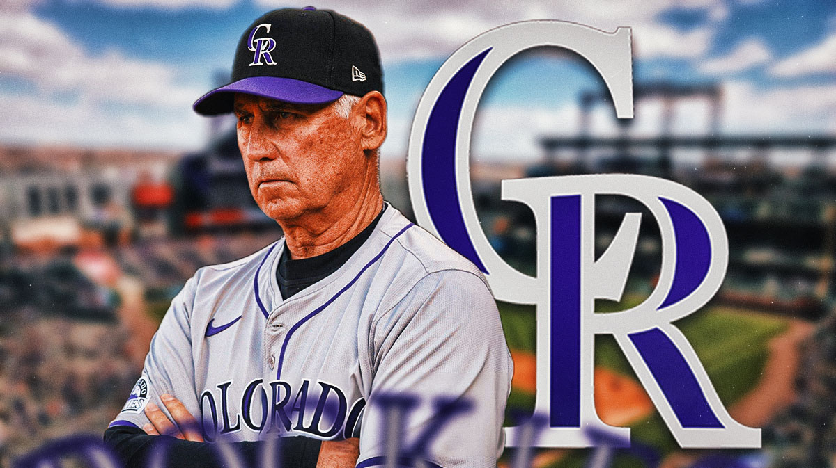 Rockies Bud Black looking upset next to a Rockies logo at Coors Field