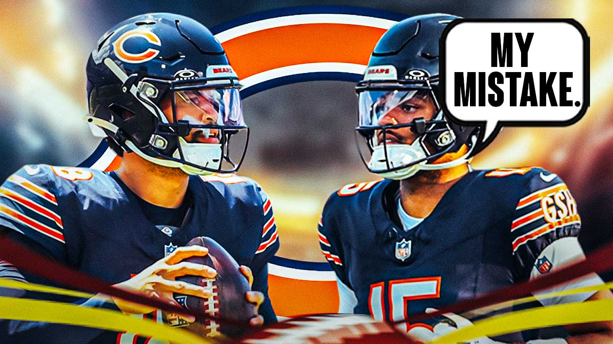 Bears WR Rome Odunze and QB Caleb Williams. Odunze has a speech bubble that says “My mistake.” There is also a logo for the Chicago Bears.