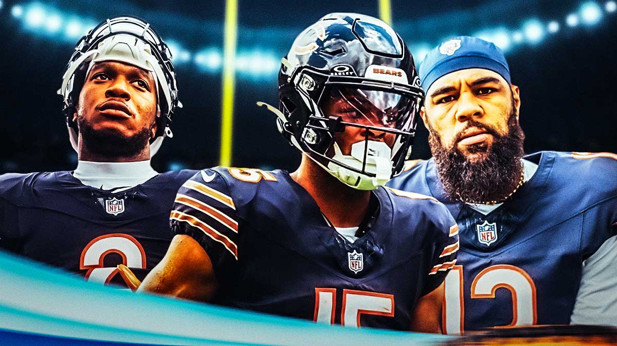 Chicago Bears star Rome Odunze in the middle with DJ Moore and Keenan Allen on either side in front of Soldier Field.
