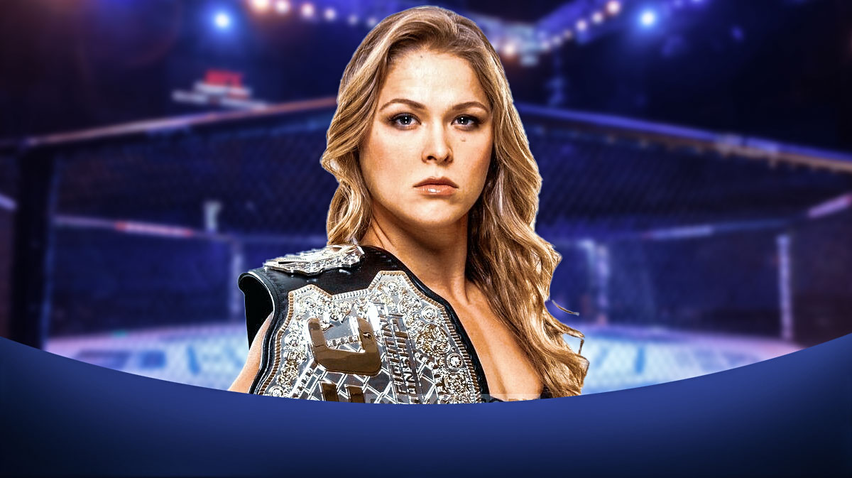 Ronda Rousey in front of an UFC ring.
