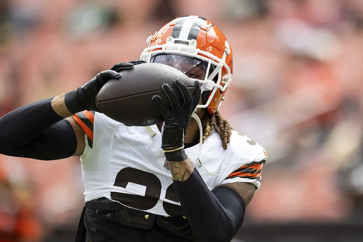 Aug 10, 2024; Cleveland, Ohio, USA; Cleveland Browns safety Ronnie Hickman (33) catches the ball during warm ups before the game against the Green Bay Packers at Cleveland Browns Stadium.