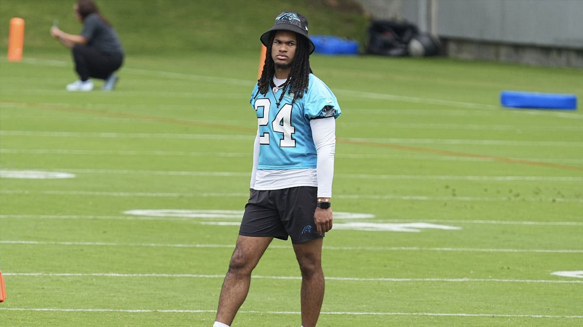 Rookie Carolina Panthers running back Jonathon Brooks (24) during OTAs. 