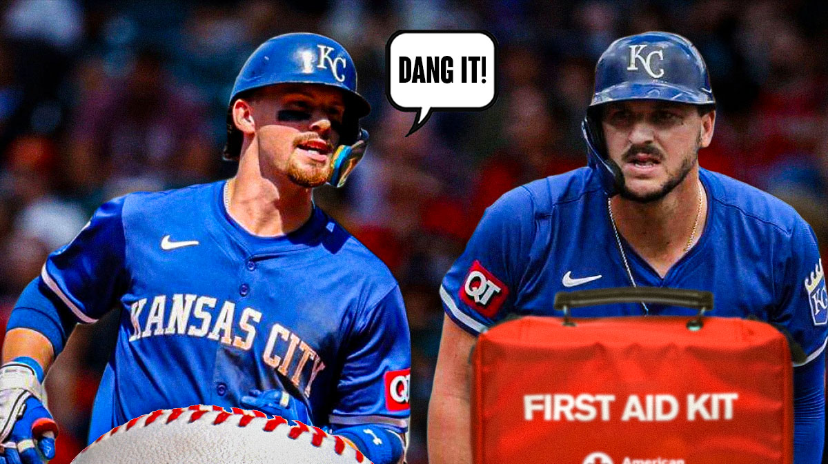 Vinnie Pasquantino on one side with an injury kit in front of him, Bobby Witt Jr. on the other side with a speech bubble that says "Dang it!"