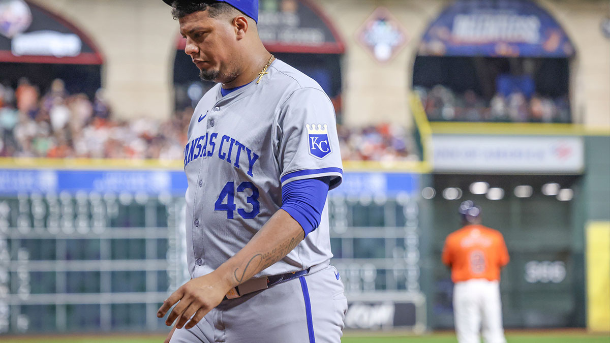 Royals relief pitcher Carlos Hernandez (43) is taken out of the game against the Houston Astros in the eighth inning at Minute Maid Park.