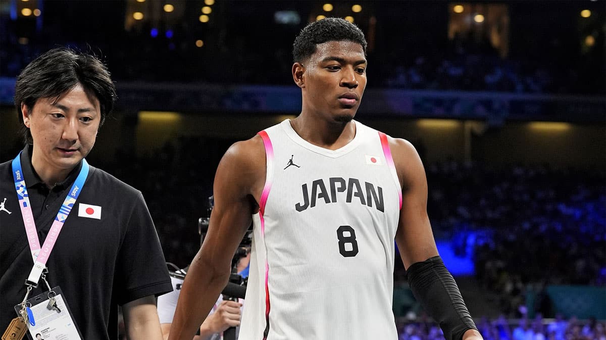 Japan small forward Rui Hachimura (8) walks off the court after being disqualified for a second unsportsmanlike foul against France in men’s basketball group B play during the Paris 2024 Olympic Summer Games at Stade Pierre-Mauroy.
