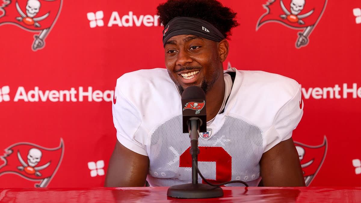 Tampa Bay Buccaneers wide receiver Russell Gage (3) gives a press conference after training camp at AdventHealth Training Center.