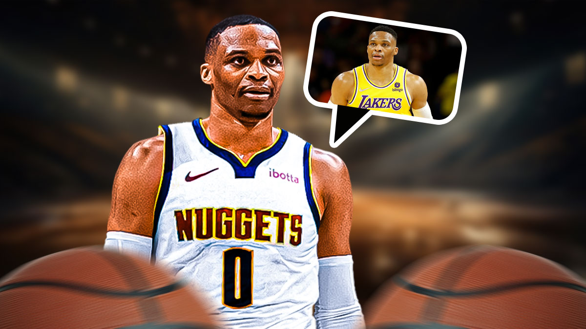 uggets' Russell Westbrook smiling, with a thought bubble containing image of him in a Lakers uniform (2022)
