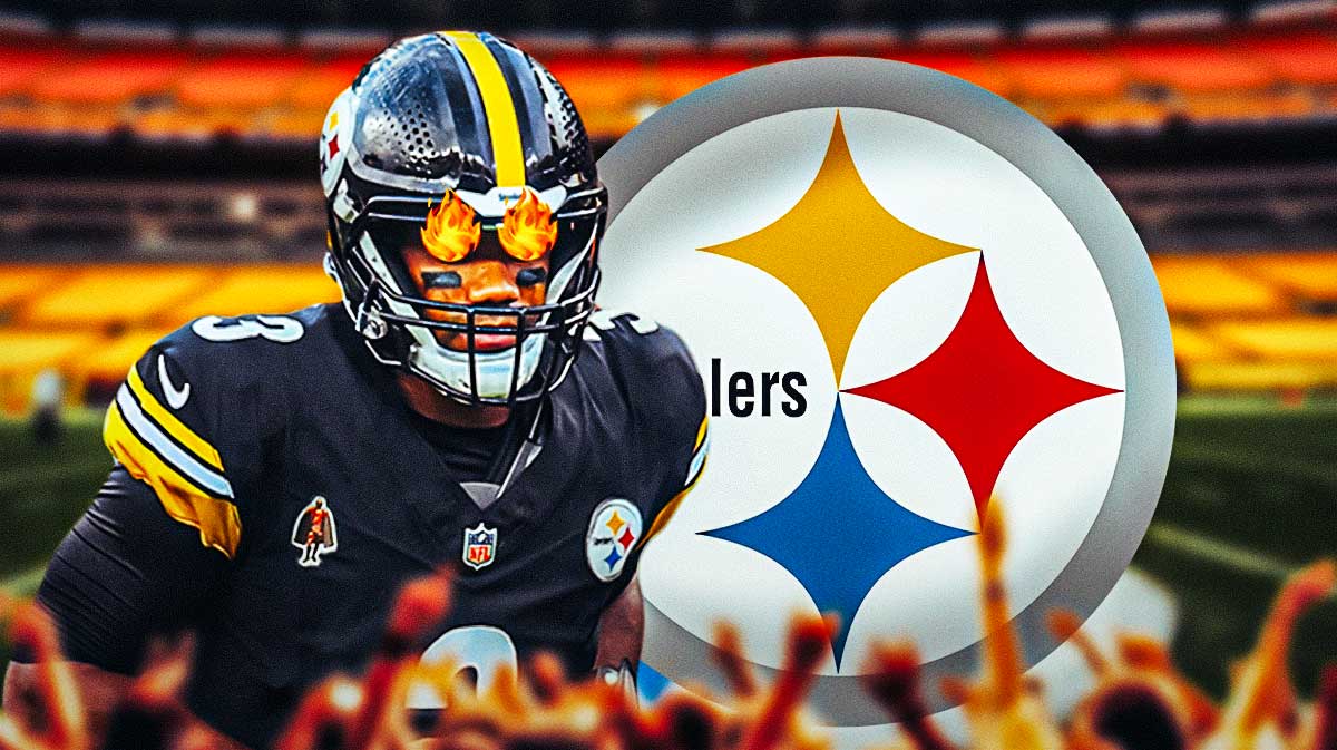 Russell Wilson with fire in his eyes next to a Steelers logo