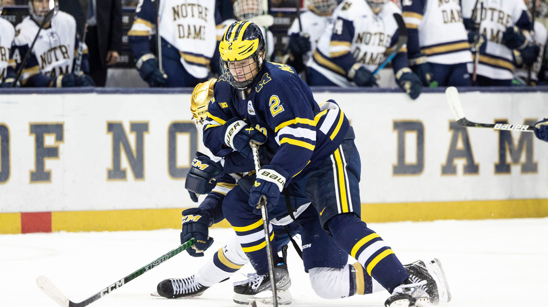 Michigan forward Rutger McGroarty (2) skates with the puck during the Michigan-Notre Dame NCAA hockey game on Saturday, November 12, 2022, at Compton Family Ice Arena in South Bend, Indiana. Michigan Vs Notre Dame.