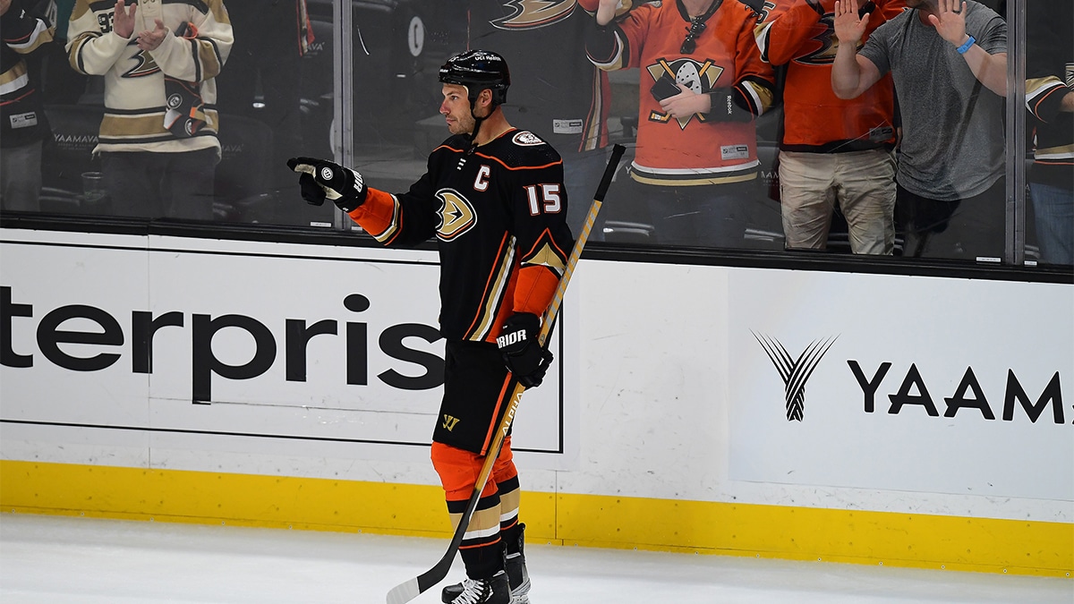 Anaheim Ducks center Ryan Getzlaf (15) celebrates the goal scored by center Adam Henrique (14) against the St. Louis Blues during the third period at Honda Center. Getzlaf provided an assist on the goal. 