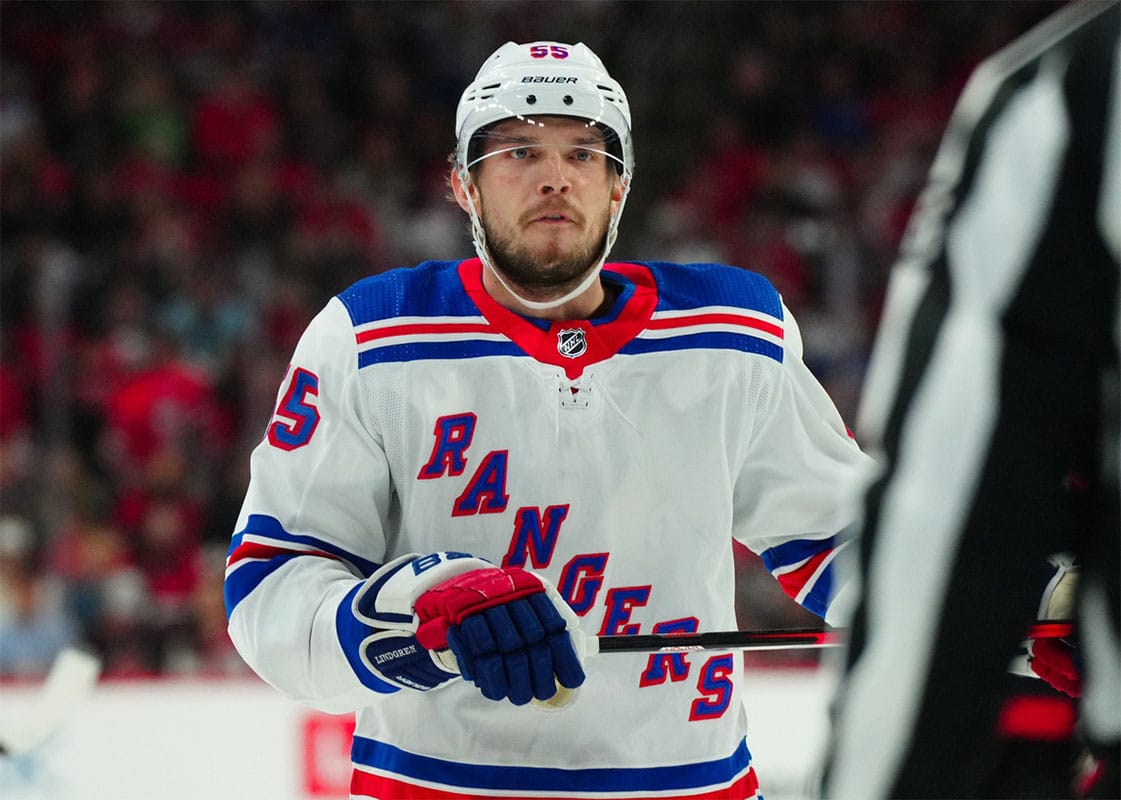 New York Rangers defenseman Ryan Lindgren (55) reacts during the first period against the Carolina Hurricanes in game four of the second round of the 2024 Stanley Cup Playoffs at PNC Arena.