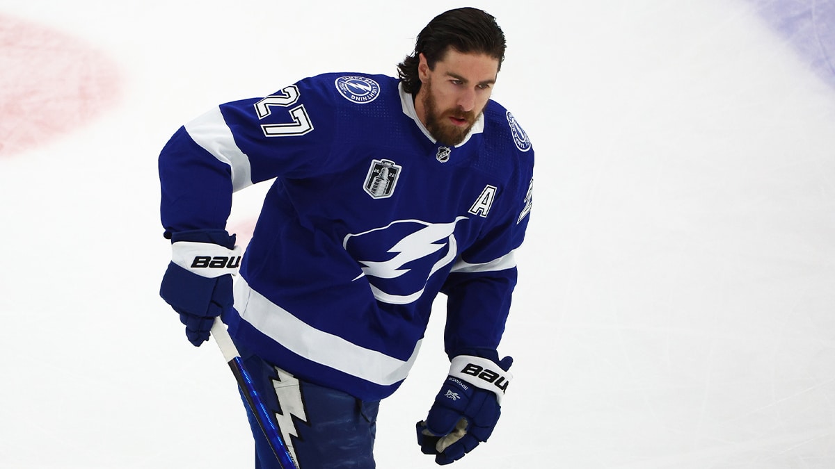 Tampa Bay Lightning defenseman Ryan McDonagh (27) against the Colorado Avalanche during game four of the 2022 Stanley Cup Final at Amalie Arena.