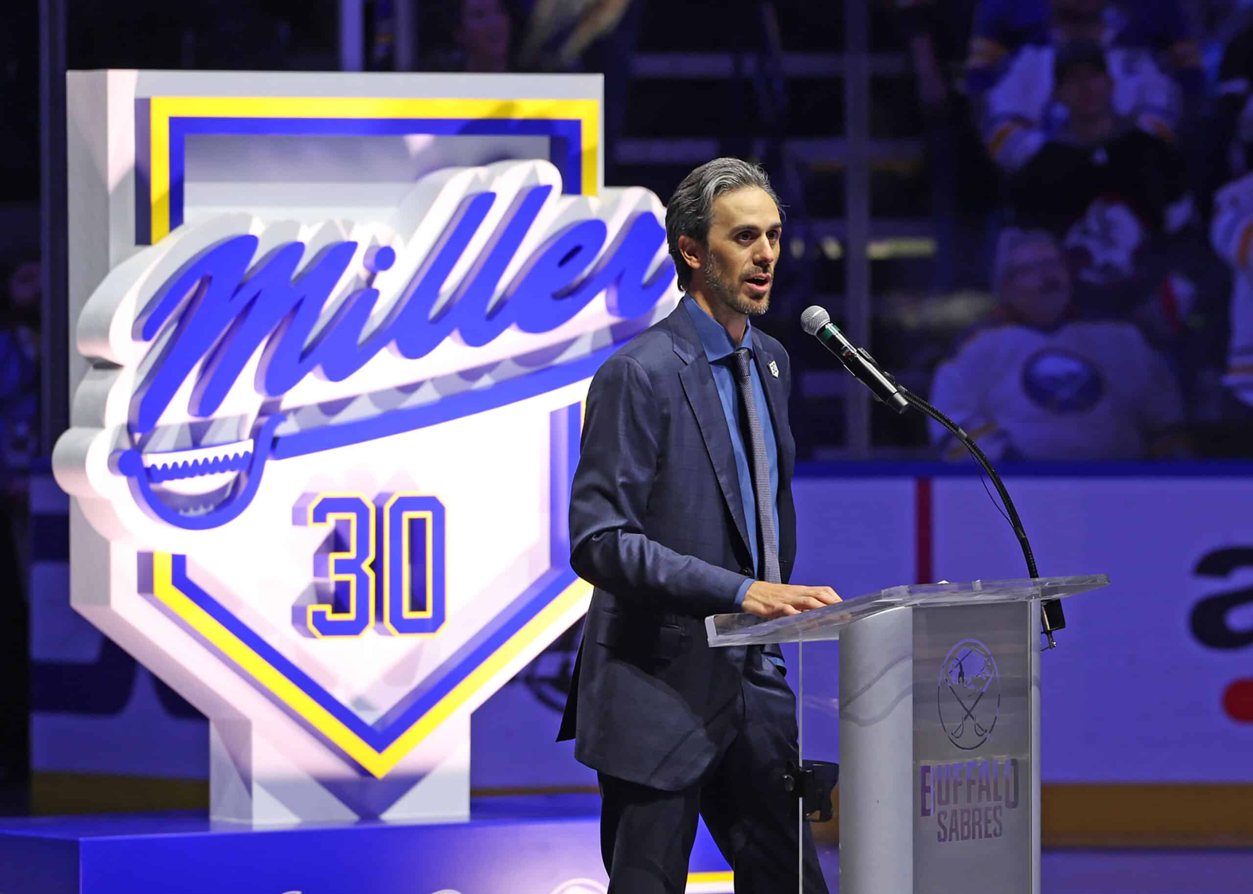 Former Buffalo Sabres goaltender Ryan Miller speaks to the crowd as he has his number retired before a game between the Buffalo Sabres and the New York Islanders at KeyBank Center. 