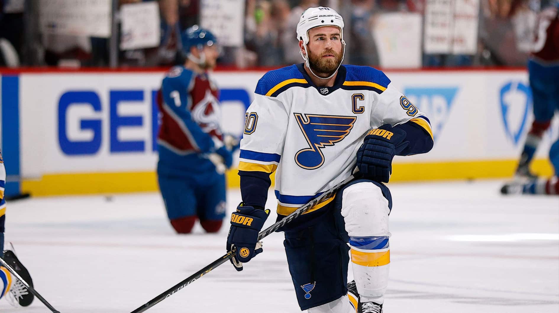 St. Louis Blues center Ryan O'Reilly (90) stretches before game two of the second round of the 2022 Stanley Cup Playoffs against the Colorado Avalanche at Ball Arena.