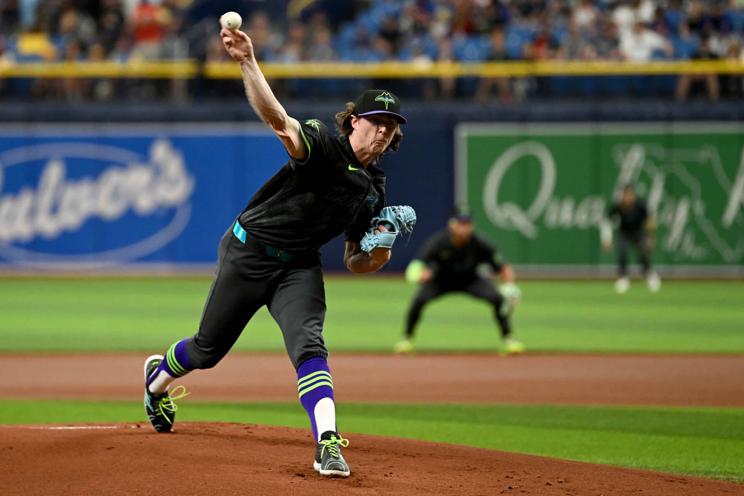 May 5, 2024; St. Petersburg, Florida, USA; Tampa Bay Rays starting pitcher Ryan Pepiot (44) throws a pitch in the first inning against the New York Mets at Tropicana Field. 