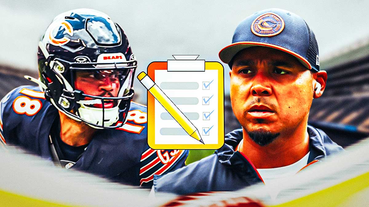 Ryan Poles in Bears gear with a checklist next to him and Caleb Williams in a Bears jersey.