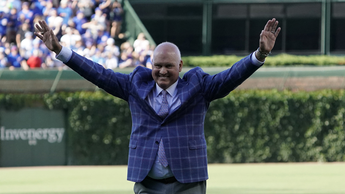 Jun 23, 2024; Chicago, Illinois, USA; Chicago Cubs Hall of Fame player Ryne Sandberg throws out a ceremonial first pitch before the game between the Chicago Cubs and the New York Mets at Wrigley Field. Mandatory Credit: David Banks-USA TODAY Sports