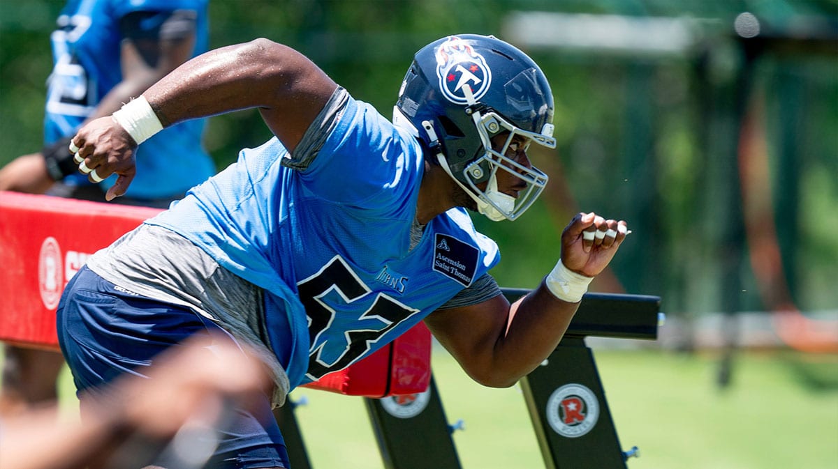 Offensive lineman Saahdiq Charles (53) runs drills during Tennessee Titans practice at Ascension Saint Thomas Sports Park in Nashville, Tenn., Tuesday, May 21, 2024.