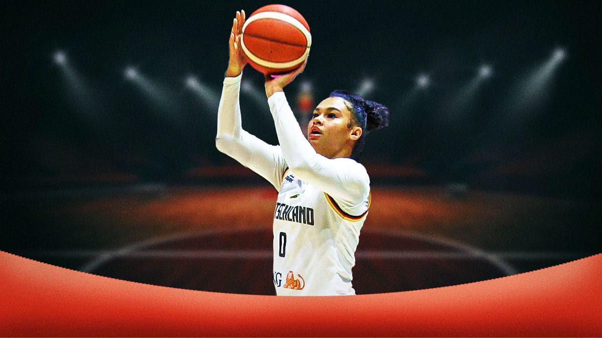 Satou Sabally in a 2024 Team Germany uniform shooting a basketball.