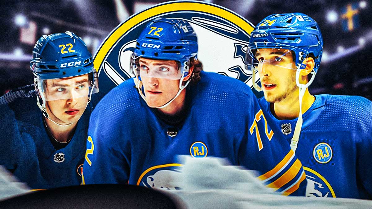 Tage Thompson in middle, Jack Quinn and Dylan Cozens on either side, Buffalo Sabres logo, hockey rink in background