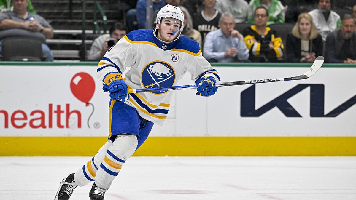 Buffalo Sabres left wing Zach Benson (9) skates against the Dallas Stars during the third period at the American Airlines Center.