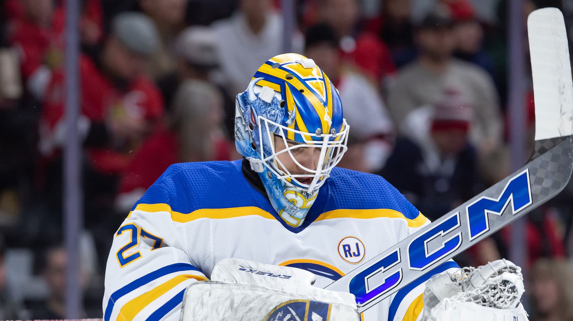 Buffalo Sabres goalie Devon Levi (27) suits up prior to the start of game against the Ottawa Senators at the Canadian Tire Centre.