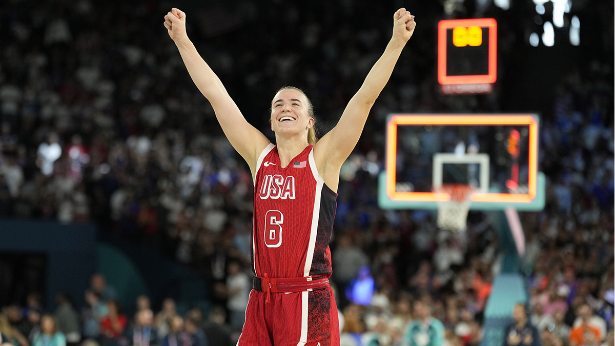 United States guard Sabrina Ionescu (6) celebrates after defeating France in the women's gold medal game during the Paris 2024 Olympic Summer Games at Accor Arena.