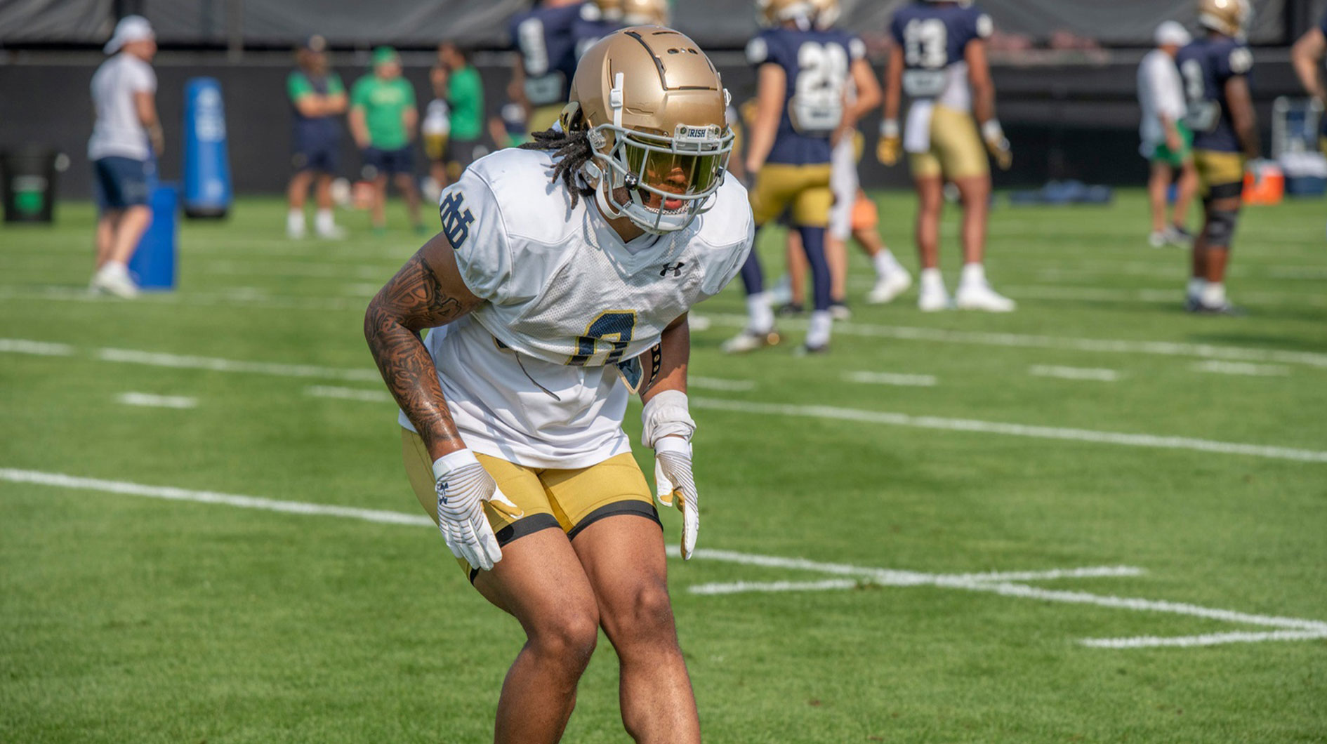 Safety Xavier Watts (0) at Notre Dame football fall practice on Tuesday August 1, 2023.