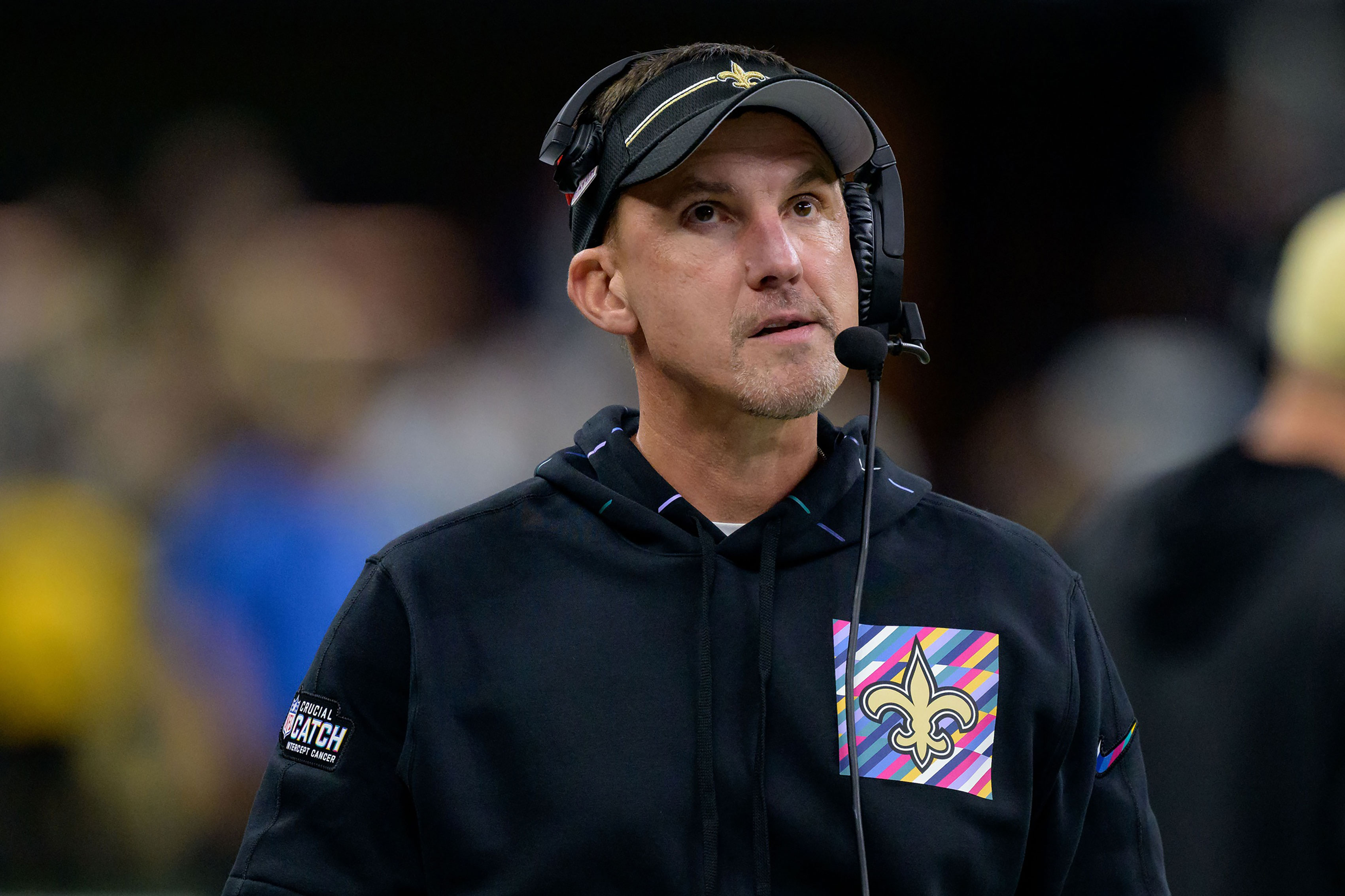 New Orleans Saints head coach Dennis Allen watches the scoreboard against the Jacksonville Jaguars during the second quarter at the Caesars Superdome. 