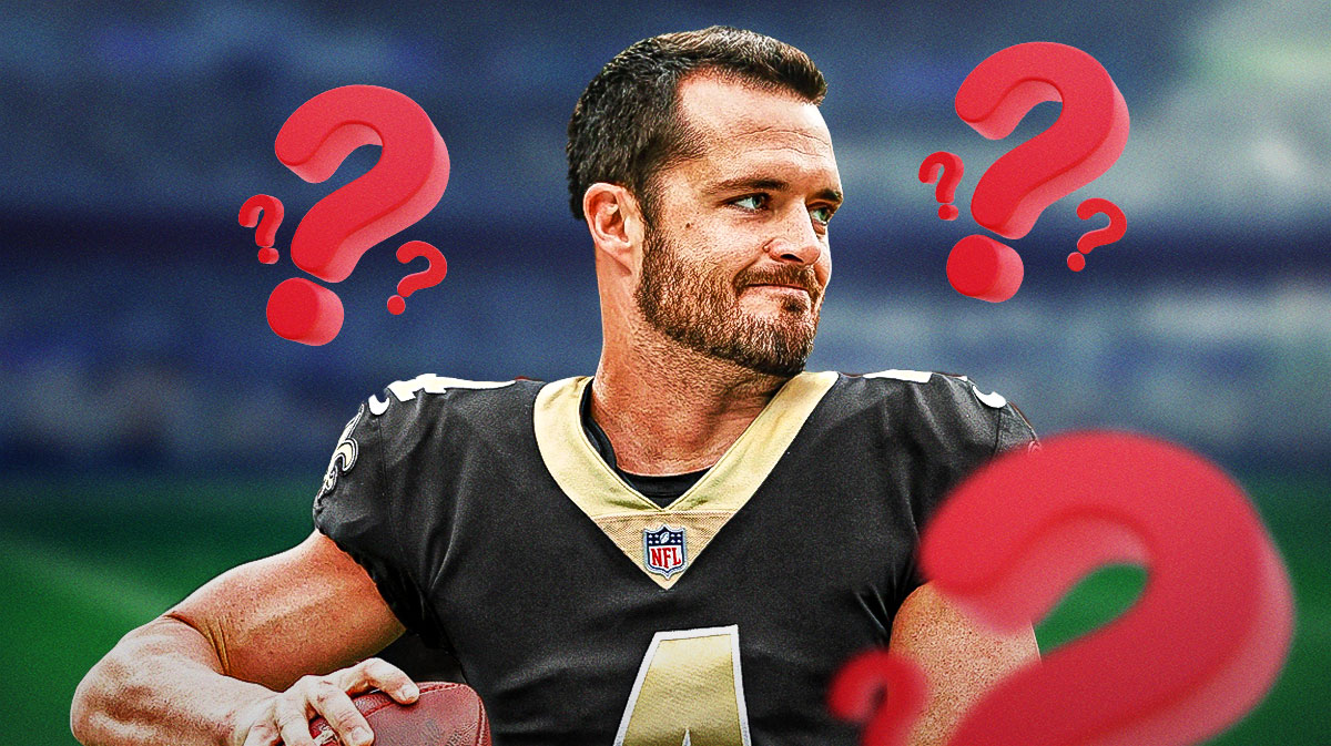 Derek Carr in a Saints jersey with question marks surrounding him.