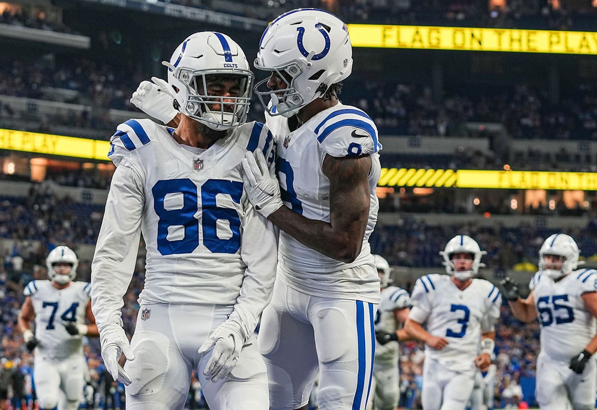 Indianapolis Colts wide receiver Samson Nacua (86) celebrates a touchdown against the Detroit Lions with Indianapolis Colts wide receiver D.J. Montgomery (8) on Saturday, August 20, 2022 at Lucas Oil Stadium in Indianapolis.