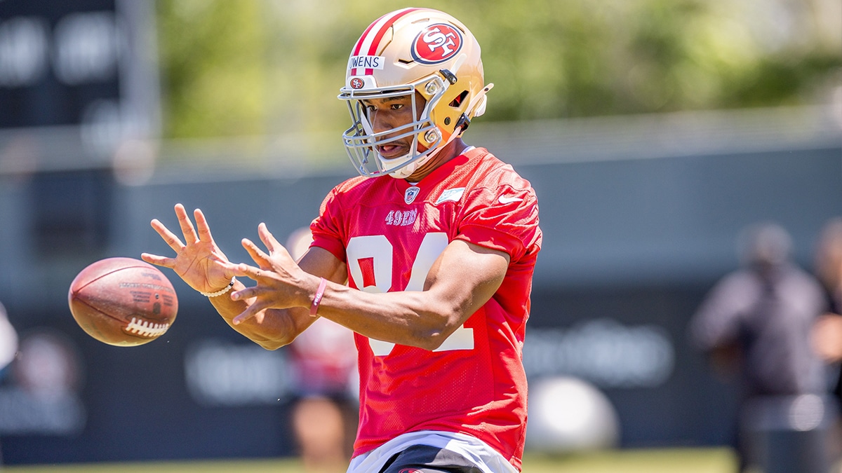 May 10, 2024; Santa Clara, CA, USA; San Francisco 49ers wide receiver Terique Owens (84) runs drills during the 49ers rookie minicamp at Levi’s Stadium in Santa Clara, CA. Mandatory Credit: Robert Kupbens-USA TODAY Sports