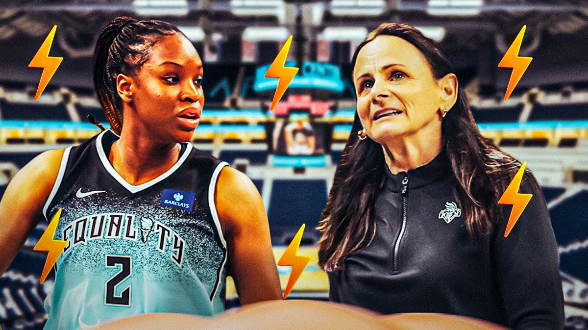 Kennedy Burke (Liberty) in foreground. Sandy Brondello (Liberty coach) in back, background Barclays Center interior. ⚡️ emojis