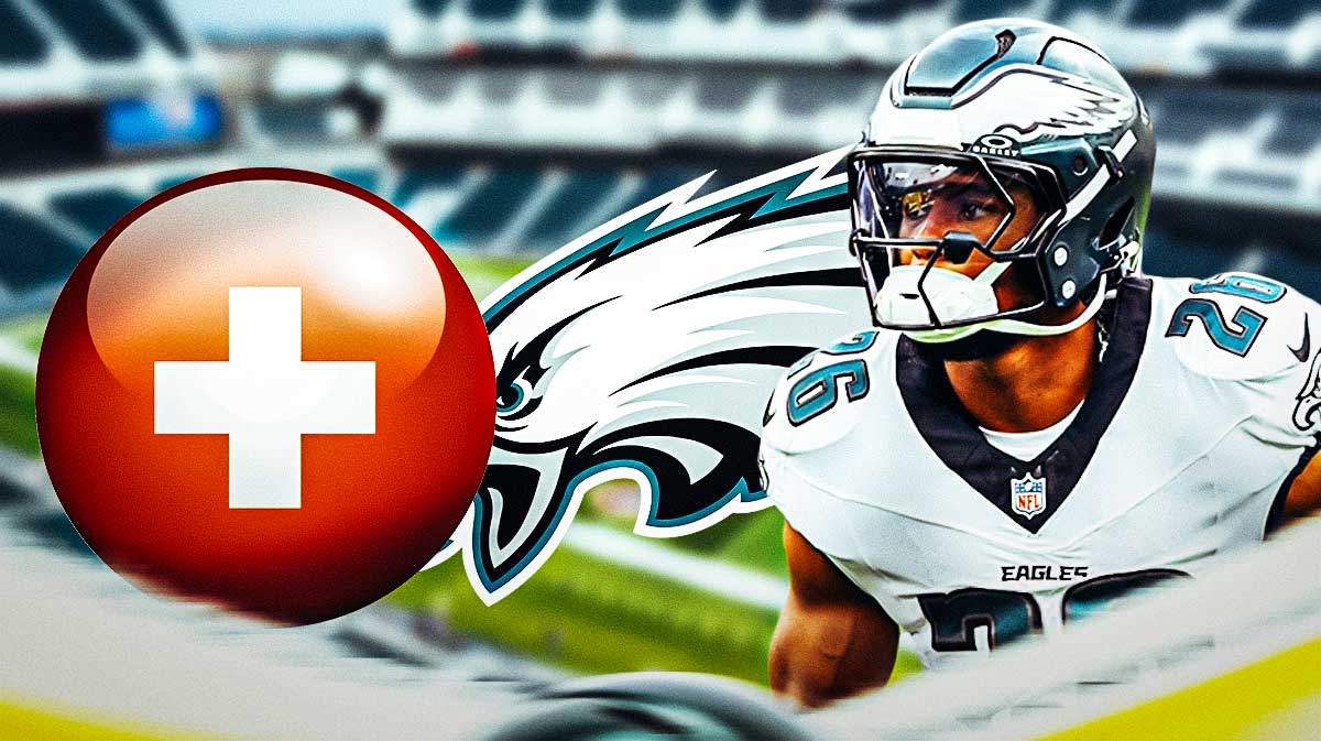 Philadelphia Eagles running back Saquon Barkley with an injury symbol. There is also a logo for the Philadelphia Eagles.