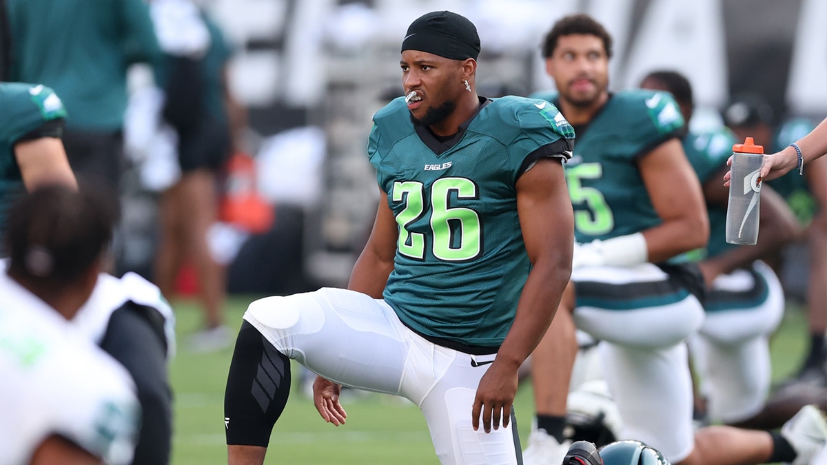 Philadelphia Eagles running back Saquon Barkley (26) stretches during practice at Lincoln Financial Field.