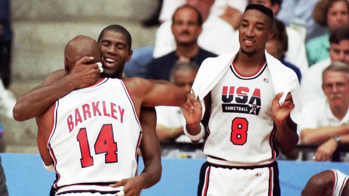 USA defeated Croatia 117-85 in the gold medal game of the Barcelona Summer Olympics August 8, 1992. This was the original Dream Team, and was the first American Olympic team to feature active professional players from the NBA. The starting five consisted of Patrick Ewing, Larry Bird, Michael Jordan, Magic Johnson and Scottie Pippen. The team has been described as one of the greatest sports team ever assembled