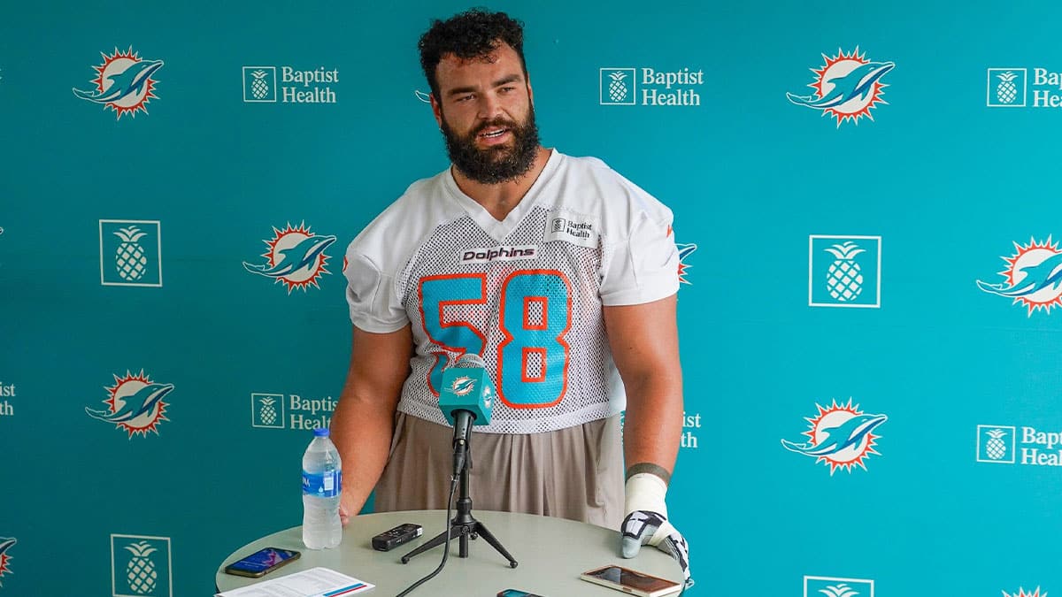 Miami Dolphins offensive lineman Connor Williams (58) speaks to the media after training camp at Baptist Health Training Complex, Wednesday, July 26, 2023 in Miami Gardens.