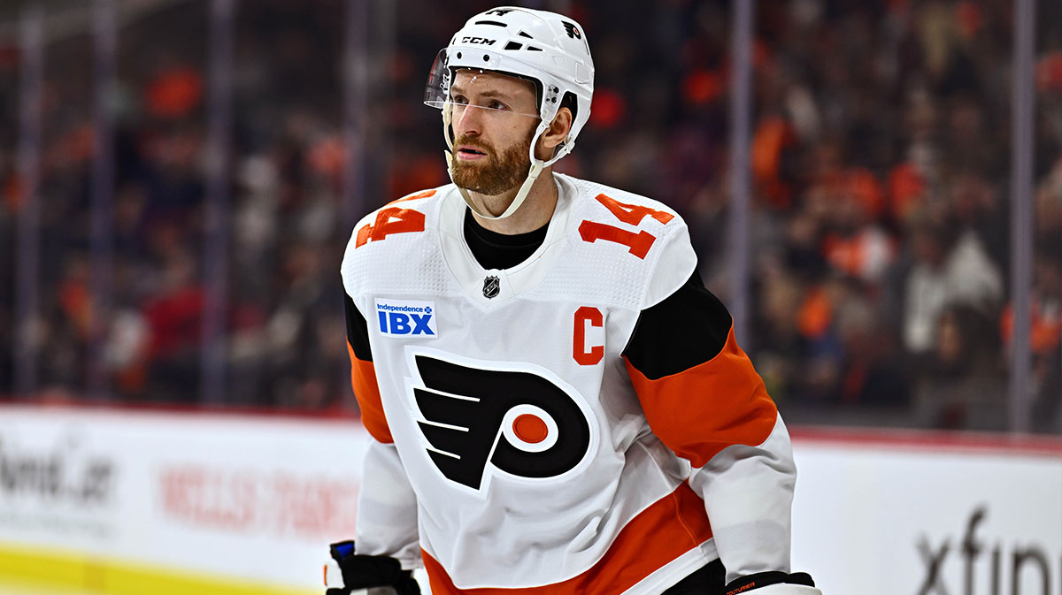 Philadelphia Flyers center Sean Couturier (14) looks on against the New Jersey Devils in the second period at Wells Fargo Center.