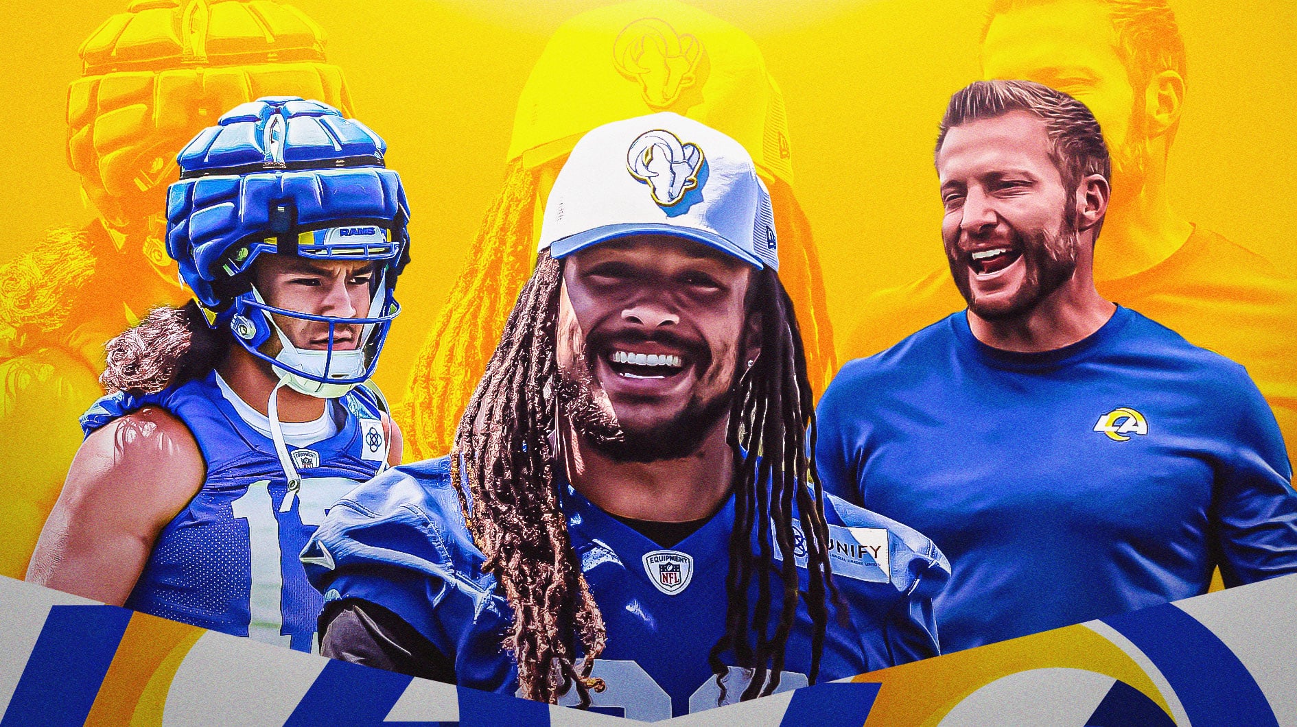 Jordan Whittington between Sean McVay and Puka Nacua