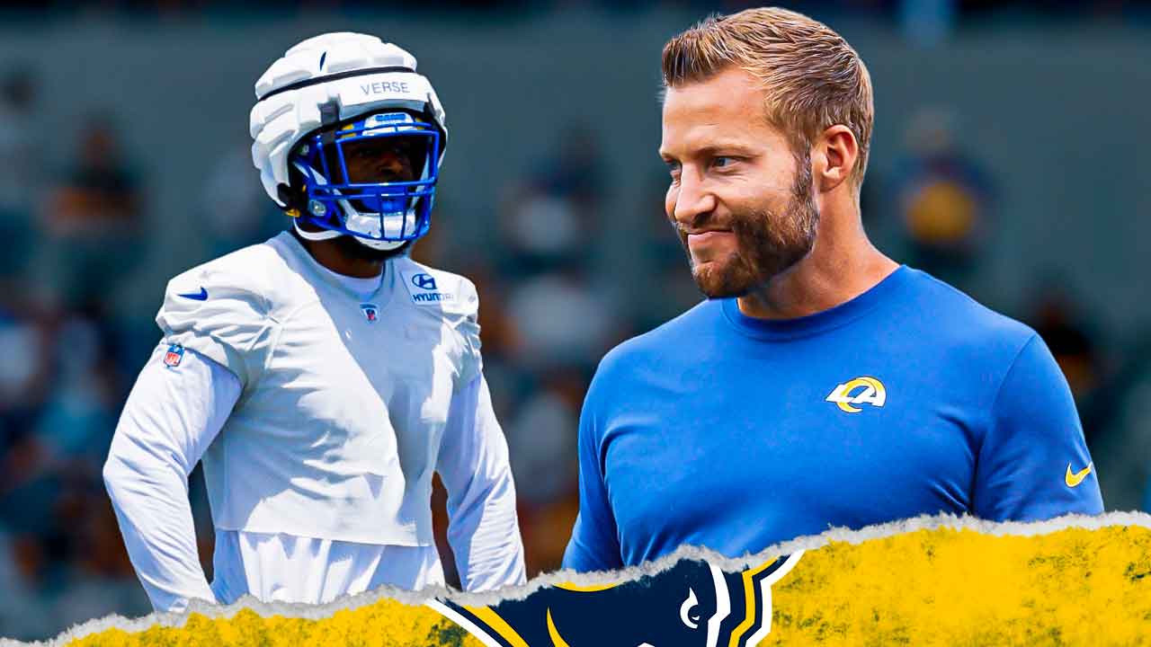 Sean McVay next to Jared Verse wearing his Rams helmet with the number on his jersey removed in front of Sofi Stadium.